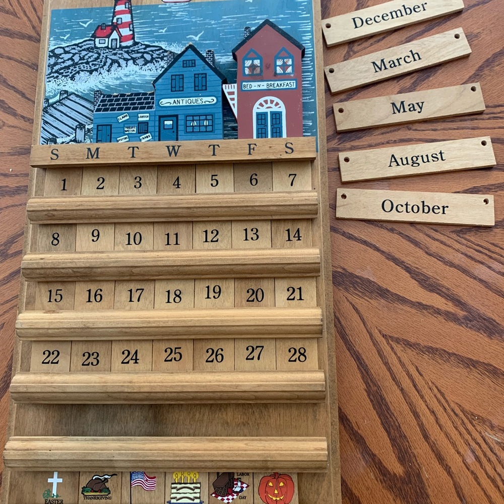 Wooden Perpetual Calendar with Coastal Design